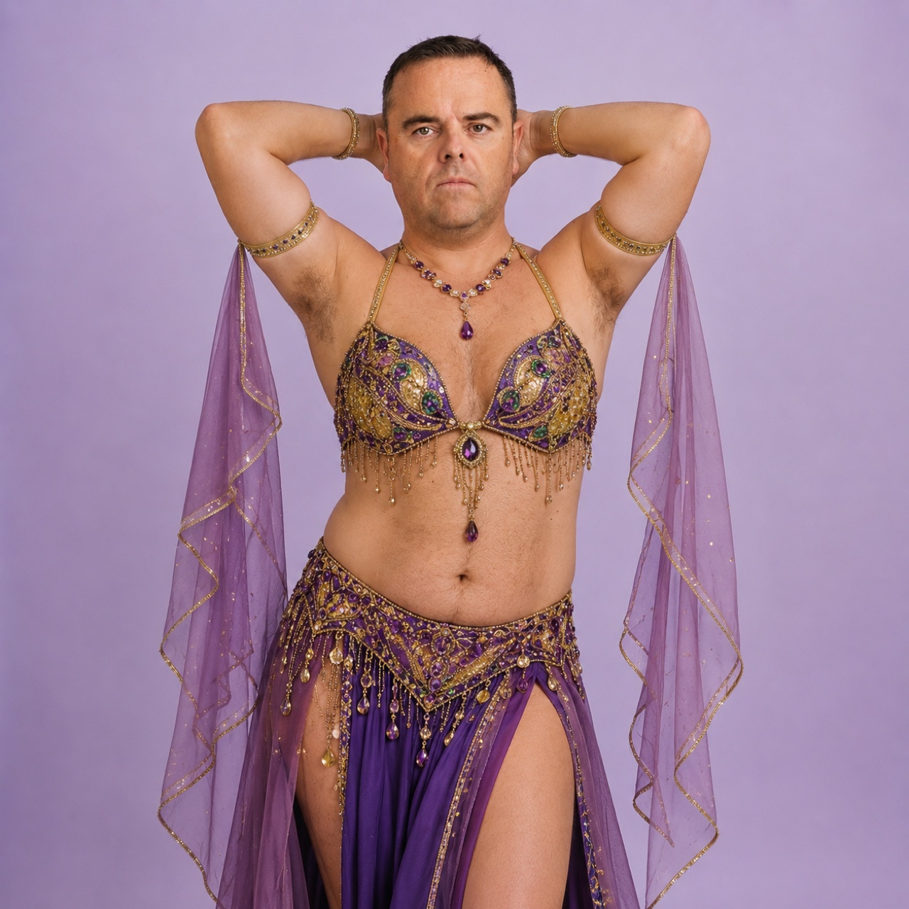 Craig Bulla, professional belly dancer, in a jewelled amethyst costume