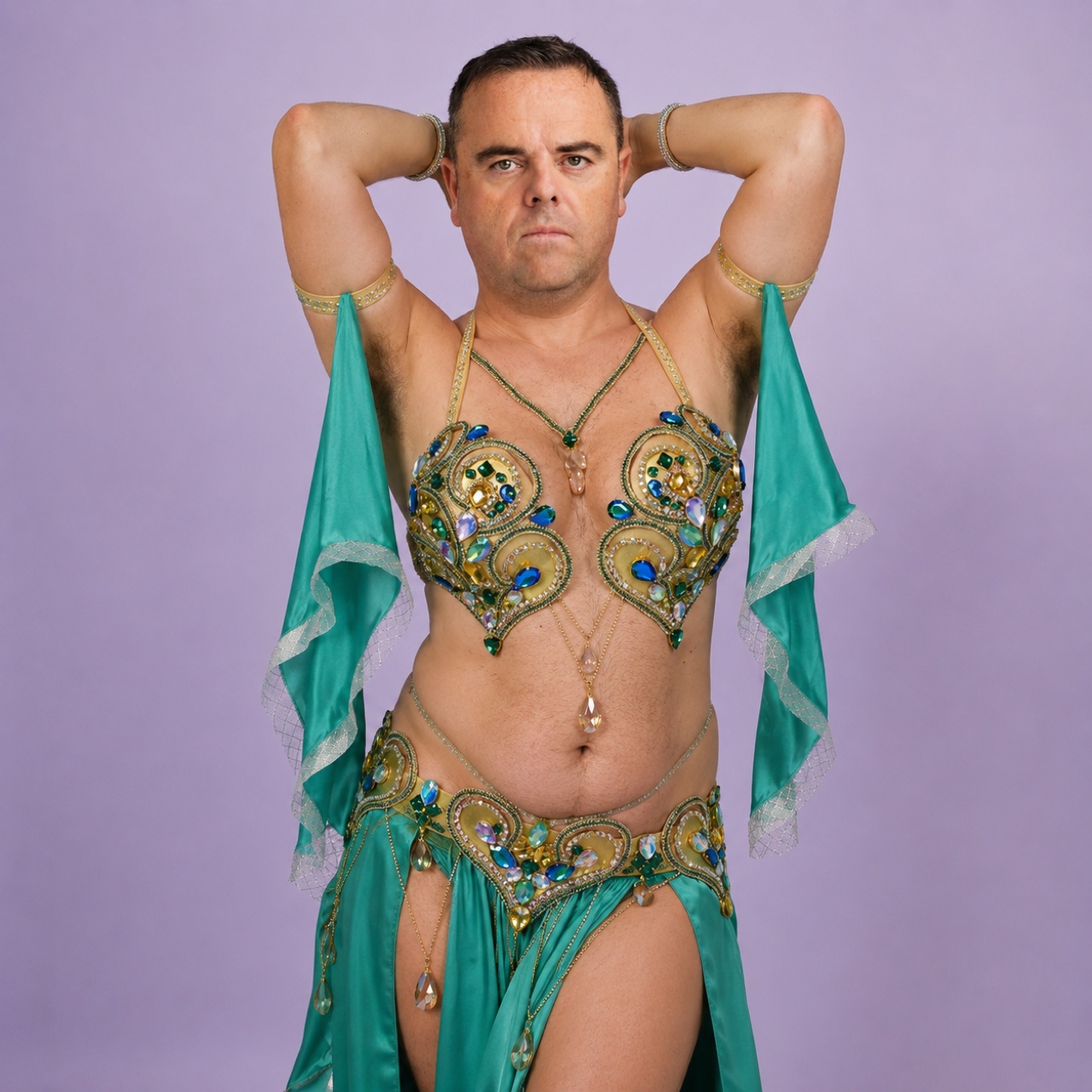 Craig Bulla performing in an emerald jewelled belly dance costume