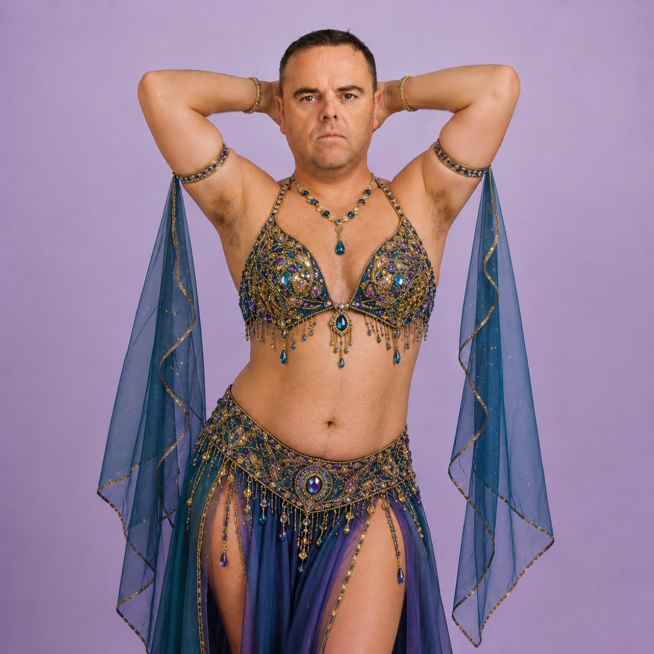 Craig Bulla, professional belly dancer, in a sapphire jewelled costume